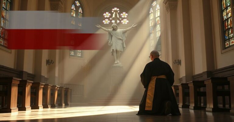 Tradycyjny wnętrze kościelne z kapłanem modlącym się przed Chrystusem Królem, z cieniem modernistycznych symboli w tle.