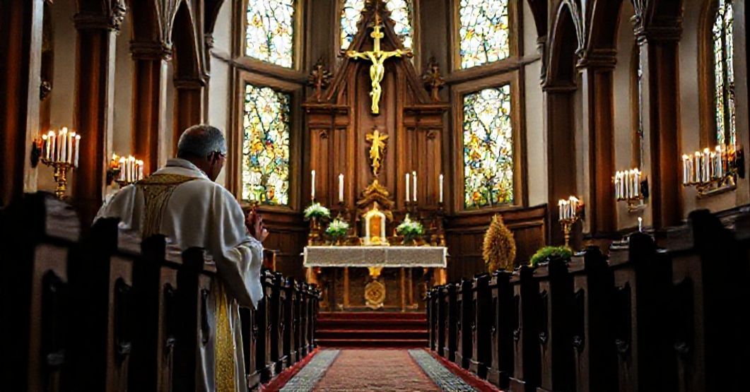 Cerkiew katolicka z ołtarzem i kapłanem modlący się przed tabernakulum, symbolizującą pokój przez Chrystusa Króla