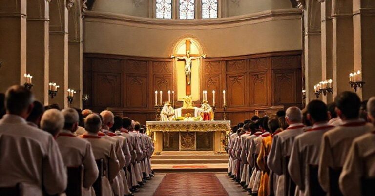 Tradycyjna msza trydentyńska w kościele katolickim z kapłanem w ornacie i pokłoniącymi się wiernymi