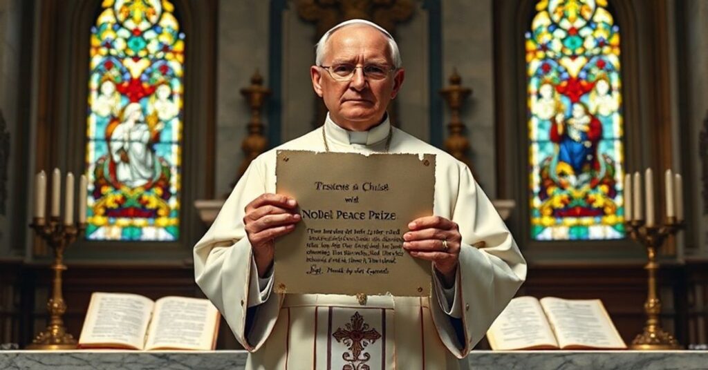 Katolicki duchowny w tradycyjnych szatach kapłańskich stoi przed ołtarzem z marmuru, trzymając dokument z napisem 'Pokojowa Nagroda Nobla', na tle rękopisów z cytatami Piusa XI o Królestwie Chrystusa.