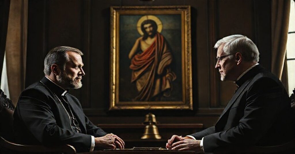 Prezydent Wołodymyr Zełenski i premier Donald Tusk dyskutują w ciemnym pomieszczeniu w obecności obrazu Chrystusa Króla, symbolizując braku moralnej autorytet.