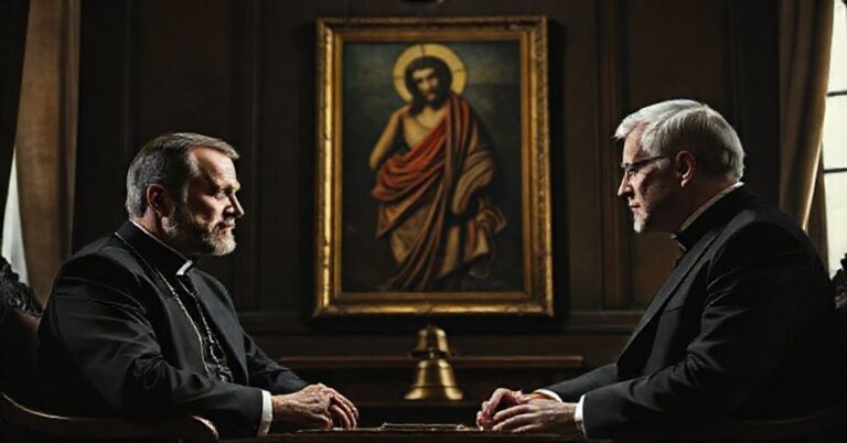 Prezydent Wołodymyr Zełenski i premier Donald Tusk dyskutują w ciemnym pomieszczeniu w obecności obrazu Chrystusa Króla, symbolizując braku moralnej autorytet.