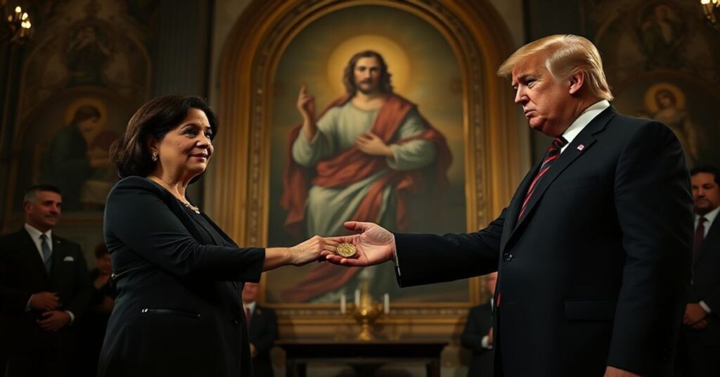 Scena przedstawiająca kontrowersyjne wręczenie Pokojowej Nagrody Nobla przez Marię Corinę Machado Donaldu Trumpowi w atmosferze sekularyzacji i braku prawdziwego pokoju w Chrystusie.