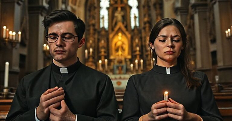 Młody Marcel i Hania modlą się w tradycyjnym kościele, symbolizując kryzys pokoleń Y i Z w Polsce