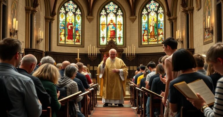 Stary tradycyjny kościół katolicki w Irlandii Północnej podczas Mszy św. z starszym siedewakantystą kapłanem i młodymi wiernymi z pokolenia Z.