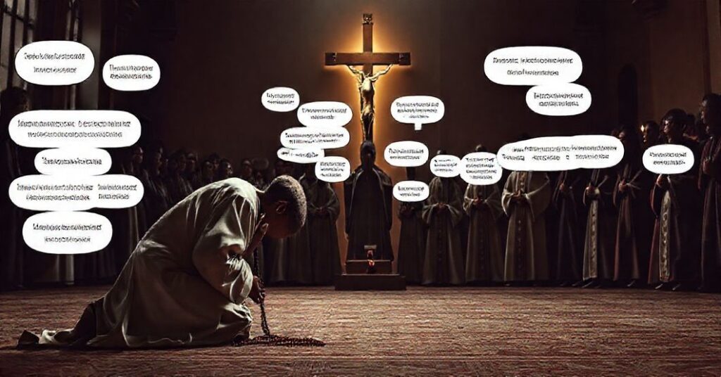 Tradycyjna katolicka scena przedstawiająca kontrast między prawdziwą pokorą a redukcjonizmem modernistycznym