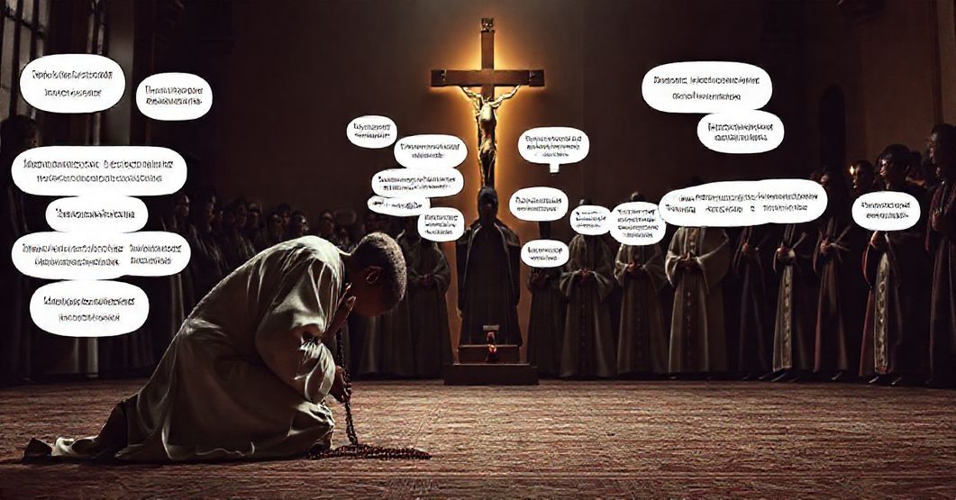 Tradycyjna katolicka scena przedstawiająca kontrast między prawdziwą pokorą a redukcjonizmem modernistycznym