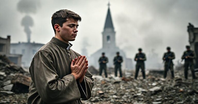 Pole bitwy w Pokrowsku z kapłanem modlącym się przed zniszczonym kościołem