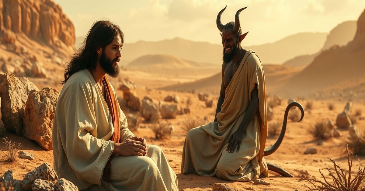 Pokusa Jezusa w Pustyni - Prawdziwa Walka Duchowa Realistyczne przedstawienie Jezusa Chrystusa w pustyni podczas pokusy przez Szatana.