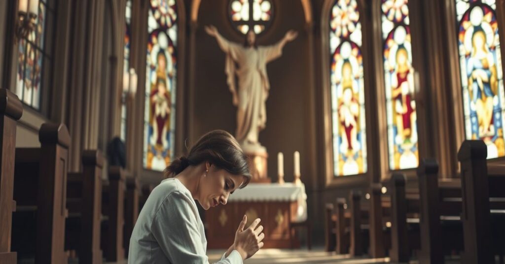 Sobór kościelny z rzeźbą Chrystusa Króla na tle. Na pierwszym planie pokutująca kobieta modli się z żalem i skruchą.