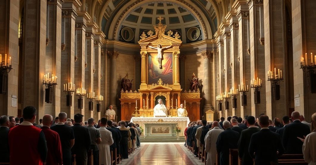 Prawdziwi wierni uczestniczą w tradycyjnej Mszy Świętej w Bazylice św. Piotra, otoczeni sakralnym światłem i atmosferą pokuty i nadziei.