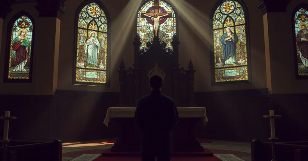 Osoba modląca się przed tradycyjnym ołtarzem w koście z widokiem krzyżowej sceny przez witraże. Temat pokuty i nadziei w katolicyzmie.