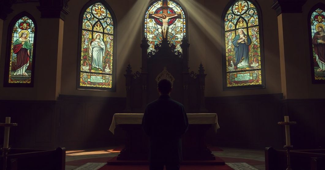 Osoba modląca się przed tradycyjnym ołtarzem w koście z widokiem krzyżowej sceny przez witraże. Temat pokuty i nadziei w katolicyzmie.
