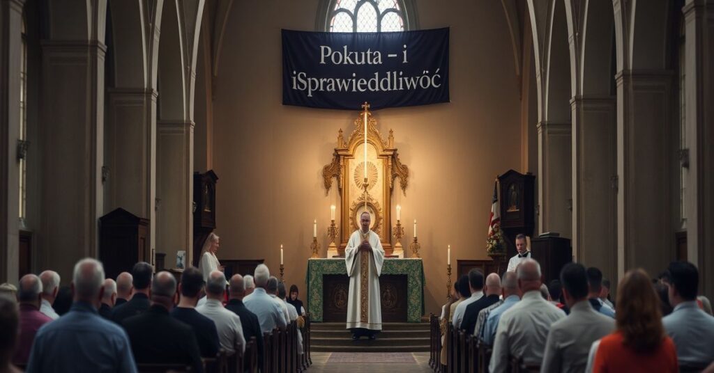 Kapelan prowadzi pokutną procesję w tradycyjnym kościele katolickim z wiernymi modlącymi się na kolanach.