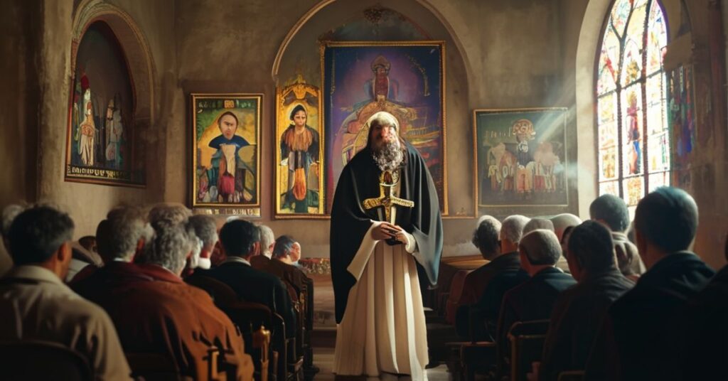 Kapelan w tradycyjnym kościele katolickim przemawia do zebranego narodu o zdradzie i potrzebie pokuty narodowej