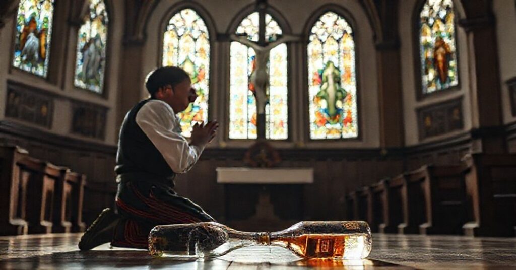 Młody mężczyzna w tradycyjnej polskiej odzieży modli się przed krzyżem, symbolizując pokutę za grzech pijaństwa w świetle katolickiej doktryny