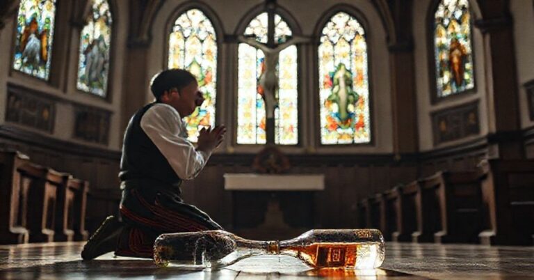 Młody mężczyzna w tradycyjnej polskiej odzieży modli się przed krzyżem, symbolizując pokutę za grzech pijaństwa w świetle katolickiej doktryny