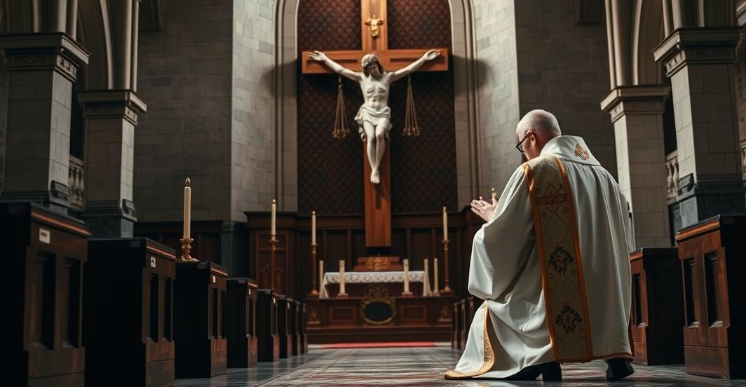 Ksiądz modlący się w kościele symbolizujący pokutę katolicką Ksiądz modlący się przed krucyfiksem w kościele, symbol pokuty i moralnej refleksji katolickiej