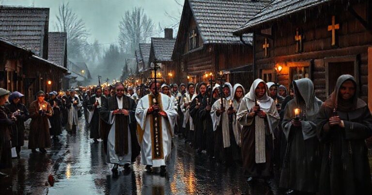 Pokutny procesja biczowników w deszczowej wsi, modląca się za dusze ofiar wypadków drogowych