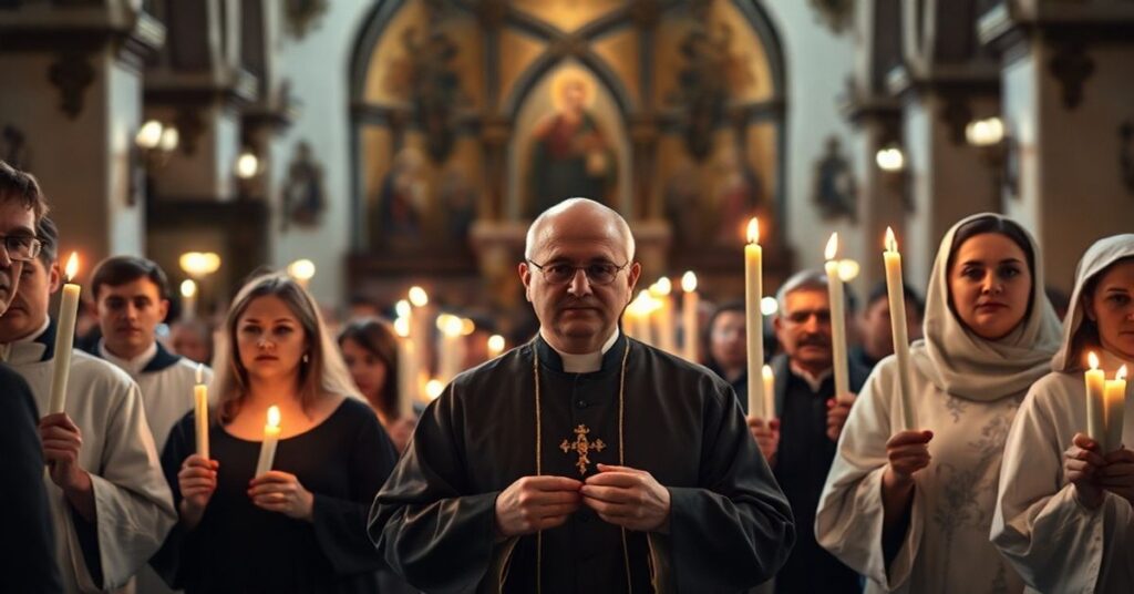 Pokutna procesja katolicka z udziałem księdza i wiernych w tradycyjnych strojach religijnych.