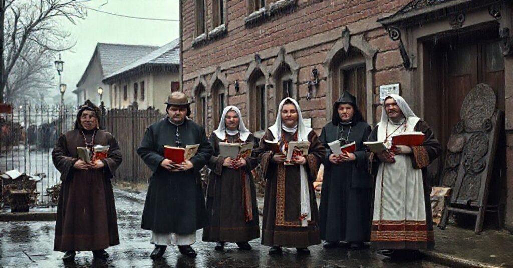 Pole tradycyjnie ubrani stoją przed zamkniętą polską szkołą w Kraśławiu na Łotwie, trzymając książki i różańce. Łotewscy urzędnicy usuwają polskie materiały edukacyjne w deszczowej scenerii.