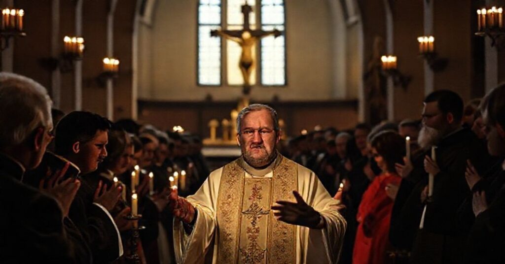 Wnętrze kościoła podczas kazania Wojciecha Polaka w parafii w Rechcie. Scena skupia się na wprowadzeniu relikwii rzekomo błogosławionego Stefana Wyszyńskiego przy słabym świetle świec. Tło przedstawia nowoczesną architekturę i tradycyjne symbole katolickie.