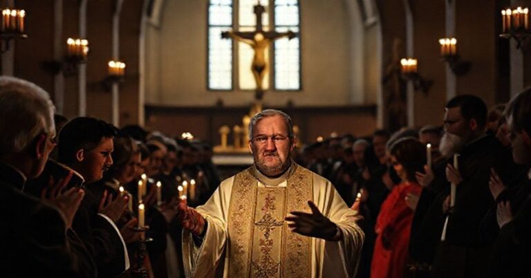 Wnętrze kościoła podczas kazania Wojciecha Polaka w parafii w Rechcie. Scena skupia się na wprowadzeniu relikwii rzekomo błogosławionego Stefana Wyszyńskiego przy słabym świetle świec. Tło przedstawia nowoczesną architekturę i tradycyjne symbole katolickie.