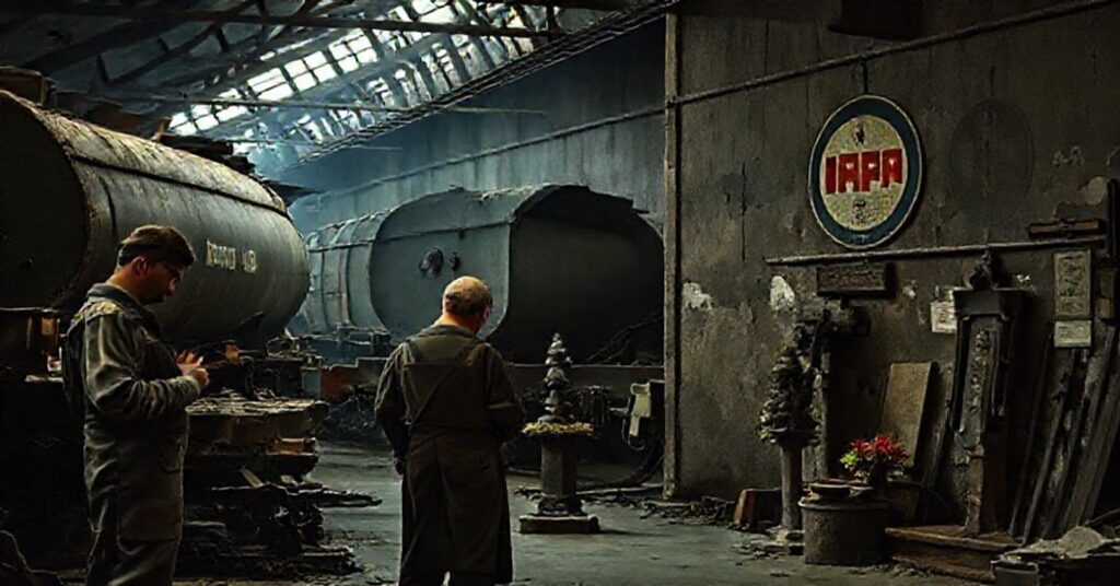 Scena pracowników kolejowych modlących się przed figurą św. Józefa w zabytkowej warsztacie kolejowej z niemieckimi wagonami