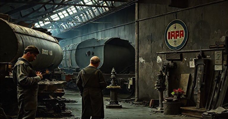 Scena pracowników kolejowych modlących się przed figurą św. Józefa w zabytkowej warsztacie kolejowej z niemieckimi wagonami