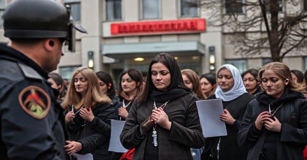 Grupa modlących się protestujących przed szpitalem w Oleśnicy podczas policji legitymującej ich podczas Publicznego Różańca