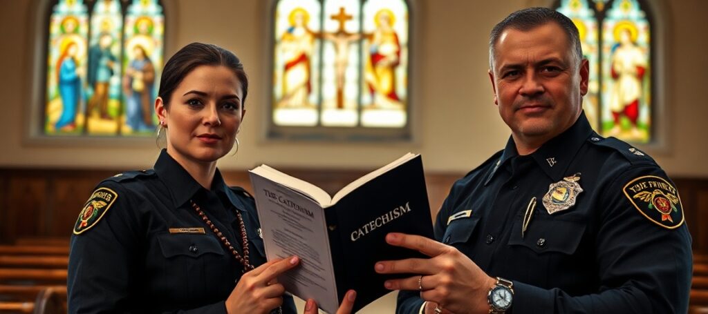 Dwóch policjantów w tradycyjnym kościele katolickim trzymających Katechizm, symbolizujących obronę prawdy o ludzkiej naturze przeciwko ideologii gender.