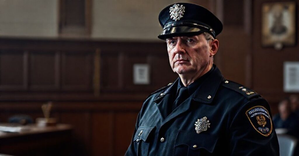 Portret niemieckiego funkcjonariusza policji w mundurze sądowym w Düsseldorfie w 2025 roku