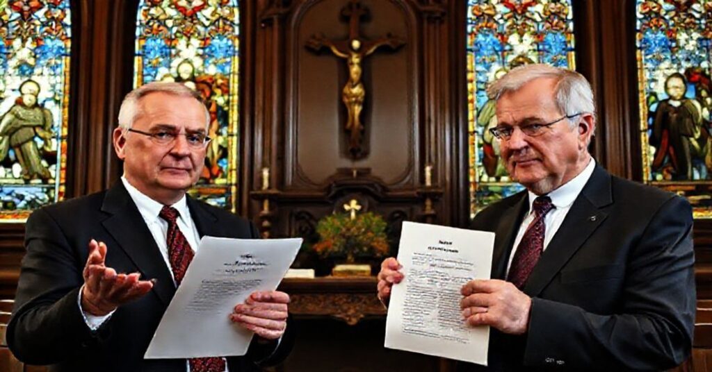 Spotkanie polskiego urzędnika Marcina Przydacza z niemieckim ambasadorem Miguelem Bergerem w tradycyjnym katolickim wnętrzu.