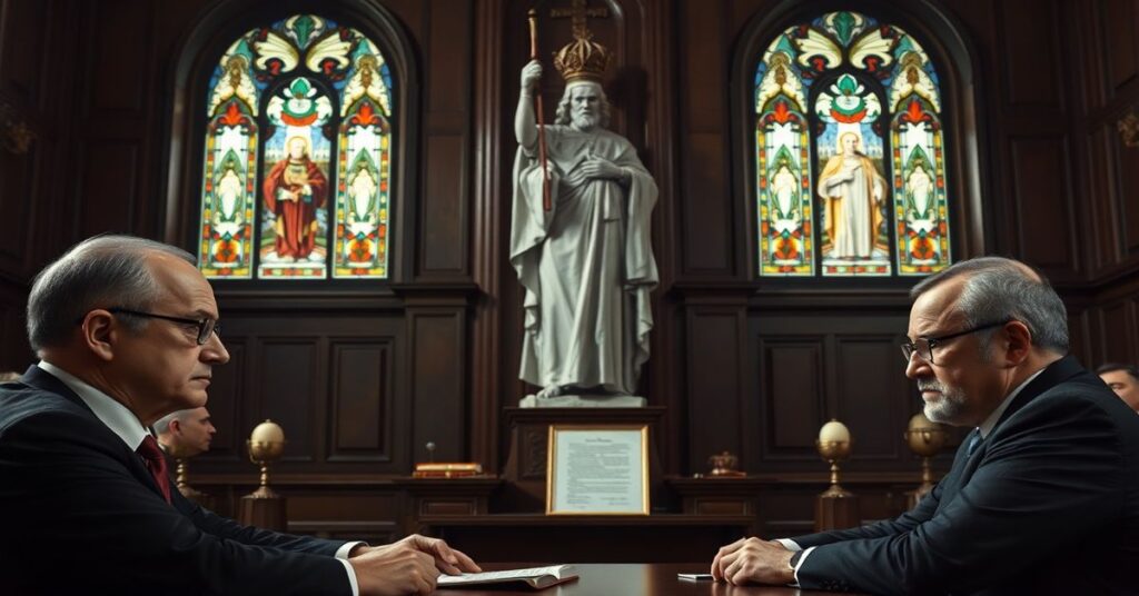 Obraz przedstawia polityków debatujących o aneksie do raportu WSI w Sejmie z tłem statuy Chrystusa Króla symbolizującej Jego wykluczenie z życia publicznego.