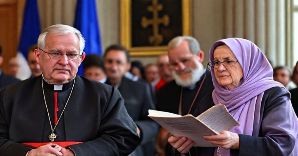 Portret polskich polityków katolickich przed trybunałem UE w Luksemburgu, symbolizujący walkę prawa Bożego z unijnymi dekretami.