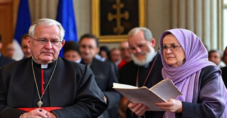 Portret polskich polityków katolickich przed trybunałem UE w Luksemburgu, symbolizujący walkę prawa Bożego z unijnymi dekretami.