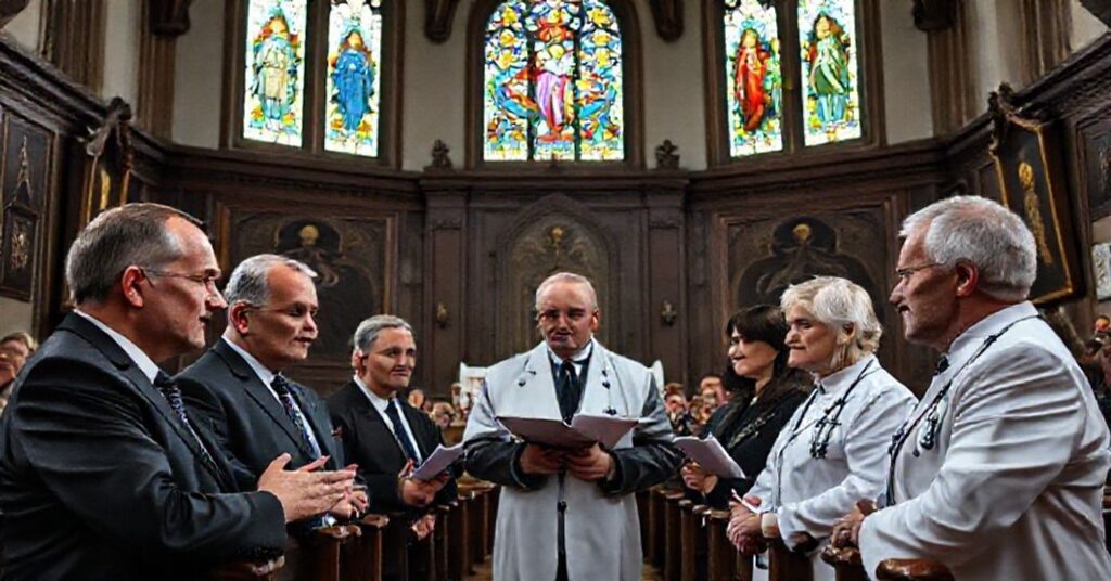 Grupa polityków i urzędników medycznych w kościele katolickim, dyskutujących nad reformami opieki zdrowotnej