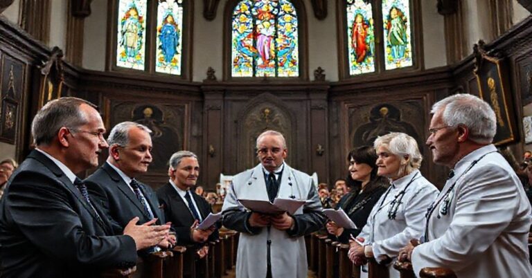 Grupa polityków i urzędników medycznych w kościele katolickim, dyskutujących nad reformami opieki zdrowotnej