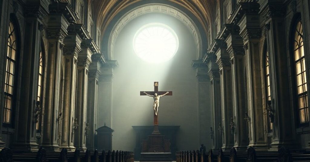 Wnętrze kościoła z drewnym krzyżem symbolizującym prawdziwe dziedzictwo wiary w kontrastie z politycznie manipulowanym portretem Kolumba