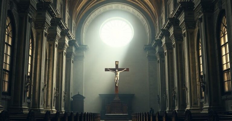 Wnętrze kościoła z drewnym krzyżem symbolizującym prawdziwe dziedzictwo wiary w kontrastie z politycznie manipulowanym portretem Kolumba