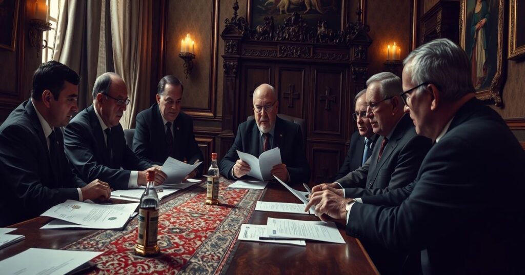 Grupa polityków dyskutujących w pomieszczeniu z symbolami religijnymi, ignorując wymiar moralny i religijny swojej działalności