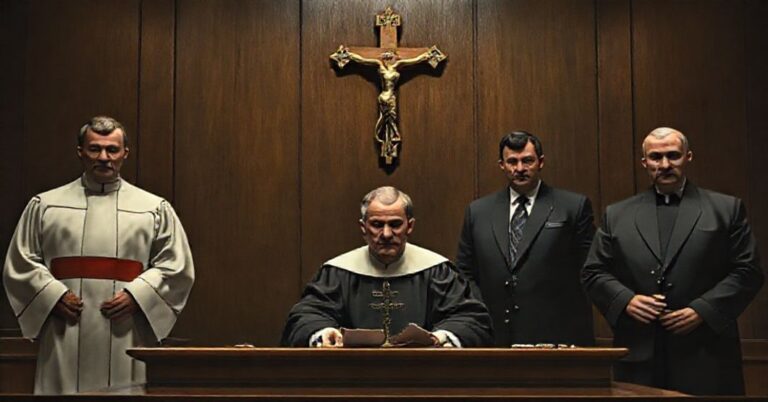 Zdjęcie przedstawiające katolicką scenę w sądzie z prokuratorem Przemysławem Nowakiem i sędzią pod krzyżem, symbolizującą polityczne prześladowanie Marcina Romanowskiego i Zbigniewa Ziobra.