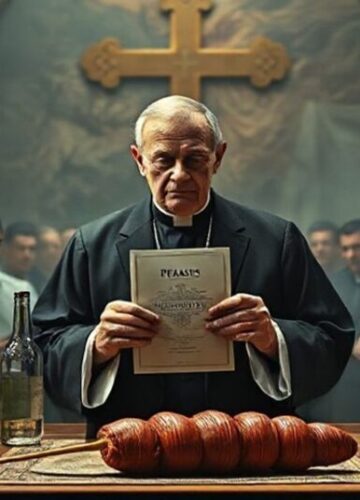 Polityczne spektakle w oderwaniu od katolickiej etyki władzy Tradycyjny katolicki obraz przedstawiający polityka w kościele z dokumentem o nazwie Pegasus otoczony pustymi butelkami i wulgarnością, symbolizując upadek moralny i brak poszanowania dla katolickiej nauki o władzy.