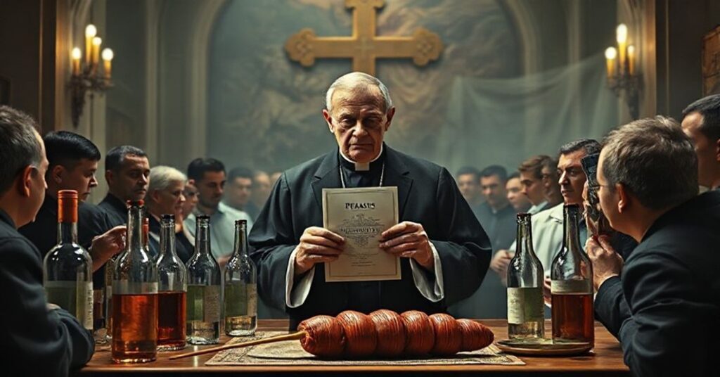 Tradycyjny katolicki obraz przedstawiający polityka w kościele z dokumentem o nazwie Pegasus otoczony pustymi butelkami i wulgarnością, symbolizując upadek moralny i brak poszanowania dla katolickiej nauki o władzy.