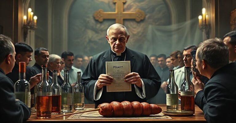 Tradycyjny katolicki obraz przedstawiający polityka w kościele z dokumentem o nazwie Pegasus otoczony pustymi butelkami i wulgarnością, symbolizując upadek moralny i brak poszanowania dla katolickiej nauki o władzy.