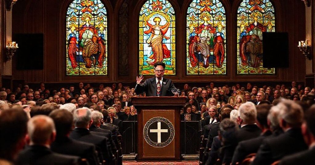 Uroczyste zebranie katolickie podczas konferencji Turning Point USA w Phoenix. Ben Shapiro, Tucker Carlson i inni w spornym dyskusji na tle witraży przedstawiających Chrystusa Króla.