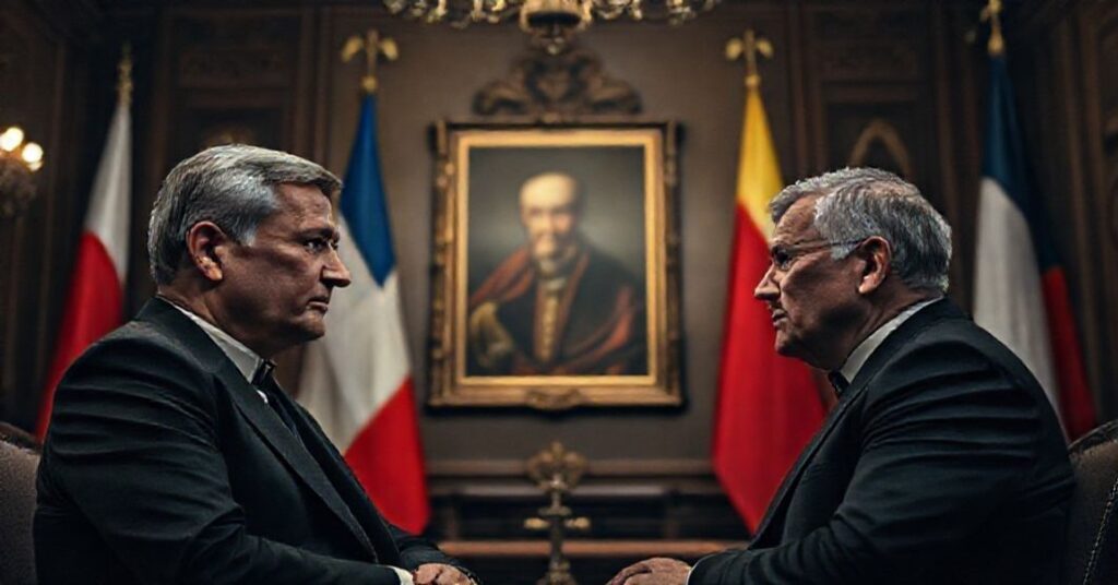 Obraz przedstawiający spotkanie Wołodymyra Zełenskiego z polskim przywódcą w Warszawie, z tłem symbolizującym zapomniane katolickie nauki o Chrystusowym Królestwie.