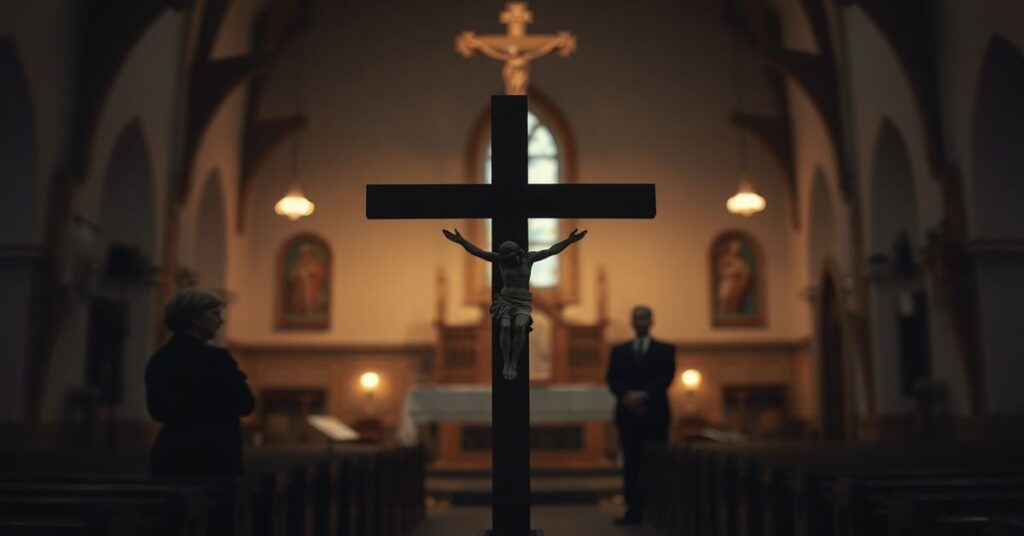 Scena wnętrza kościoła katolickiego z krzyżem na pierwszym planie, symbolizująca porzucenie zasad moralnych. W tle rozmyte i cieniowane postacie polityków Marilyn Gladu i Marka Carneya, reprezentujące polityczny oportunizm i relatywizm.