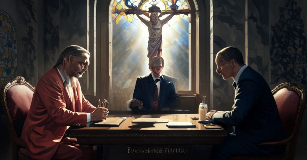 Portret Donalda Trumpa, Władimira Putina i Wołodymyra Zełeńskiego podczas negocjacji w atmosferze katolickiej symboliki