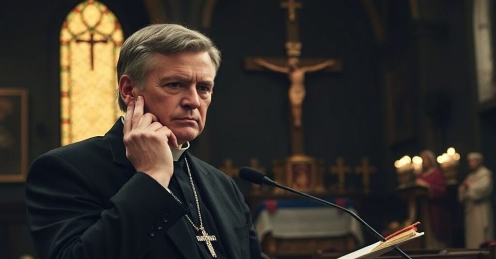 Scena z Pierre'em Poilievrem w kościele, symbolizująca pustkę politycznego teatru bez Chrystusa Króla